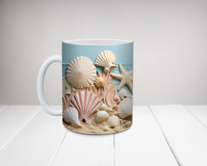 Beach seashells ceramic mug personalized with name. 3D sandy shoreline coffee cup 11 oz. Custom coastal mug with seashell design. 
